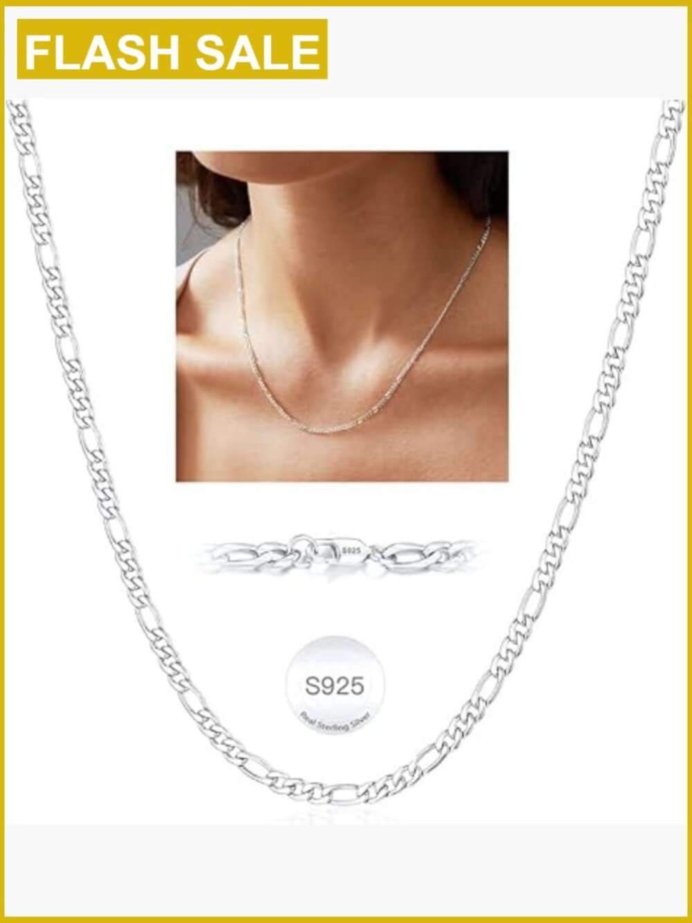 925 Sterling Silver Figaro Chain Necklace for Women 3mm/5mm